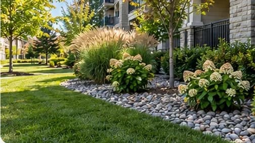 Pruned shrubs and seasonal plantings along an entrance