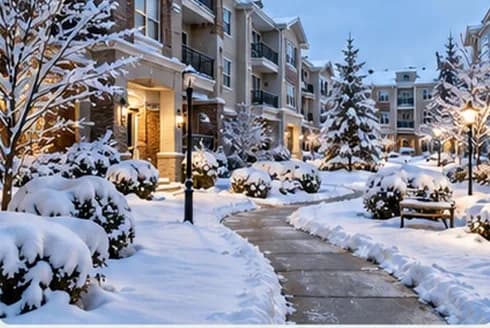 Cleared walkway and building entrance with snow banked to the side