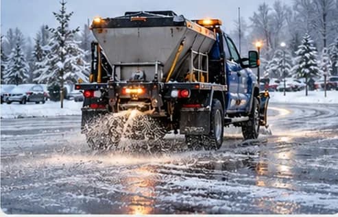 Salt spreading on a parking lot from a truck-mounted spreader